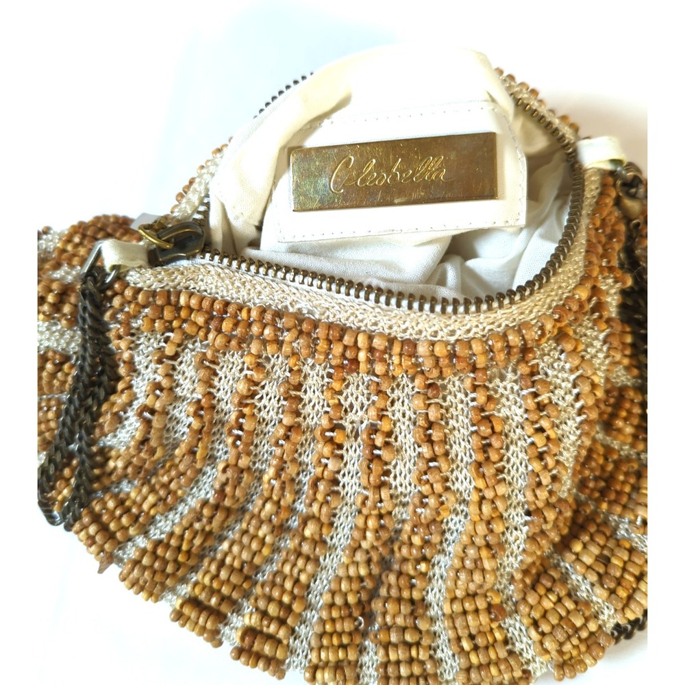 CLEOBELLA Handbag Purse Double Chain Handle Multi Rows  Small Wooded Beads Chic